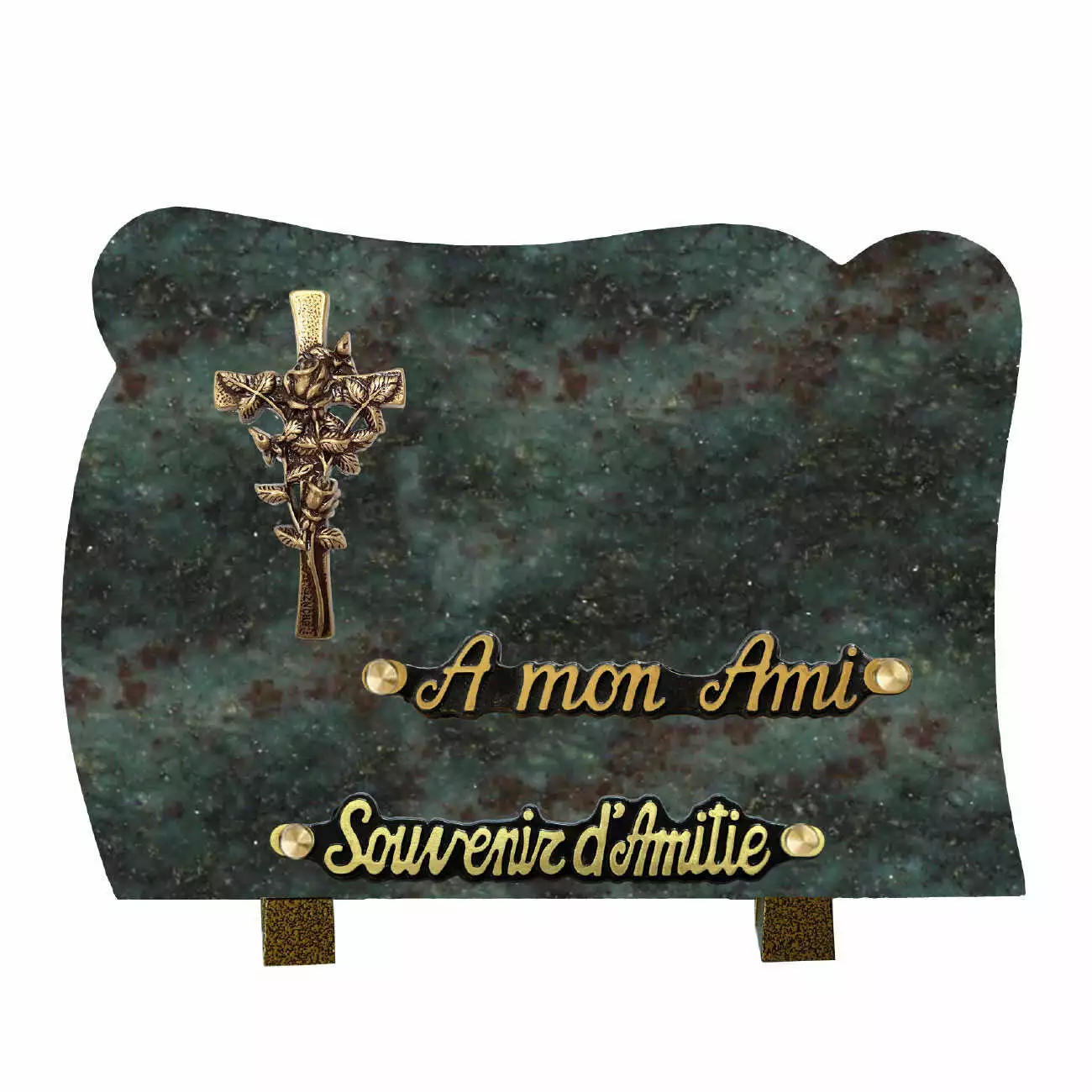 Plaque Funéraire en Granit Vert avec Croix en Bronze Funelior