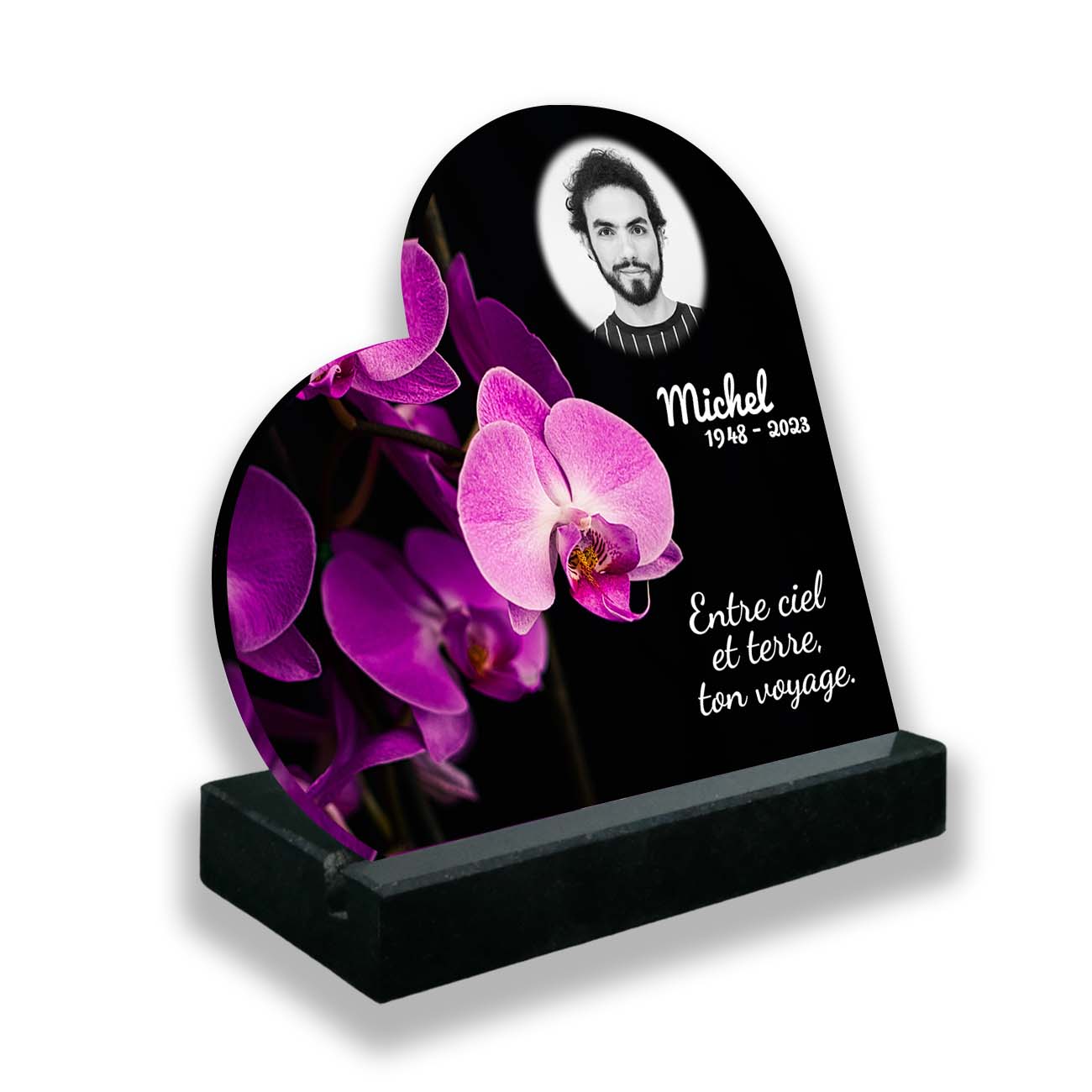 Plaque funéraire en verre avec fleur orchidée rose personnalisée