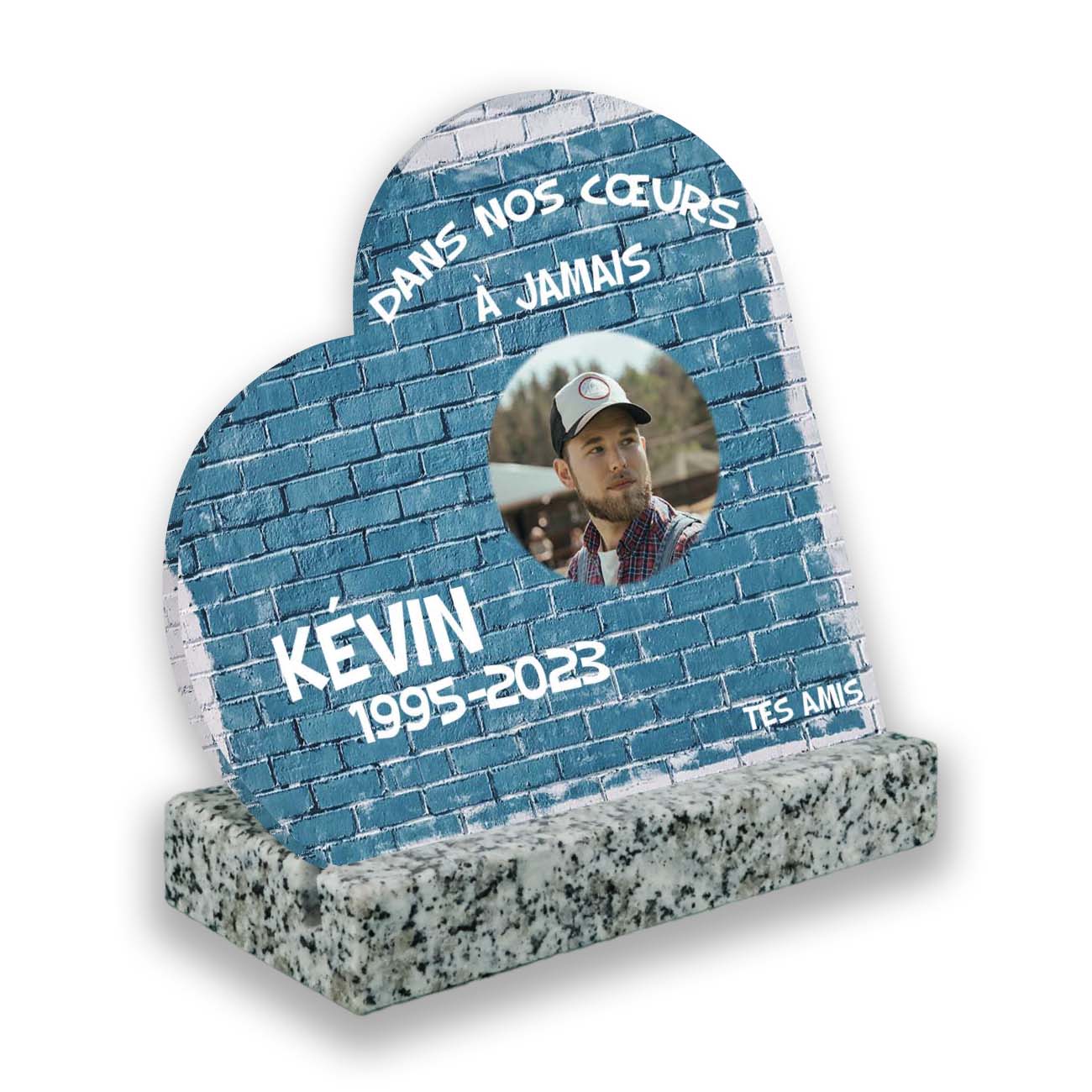 Plaque funéraire personnalisée thème Graffiti socle en granit blanc avec texte et photo