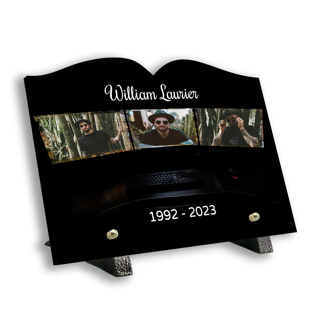 Plaque funéraire personnalisée thème informatique pied avec texte et photo
