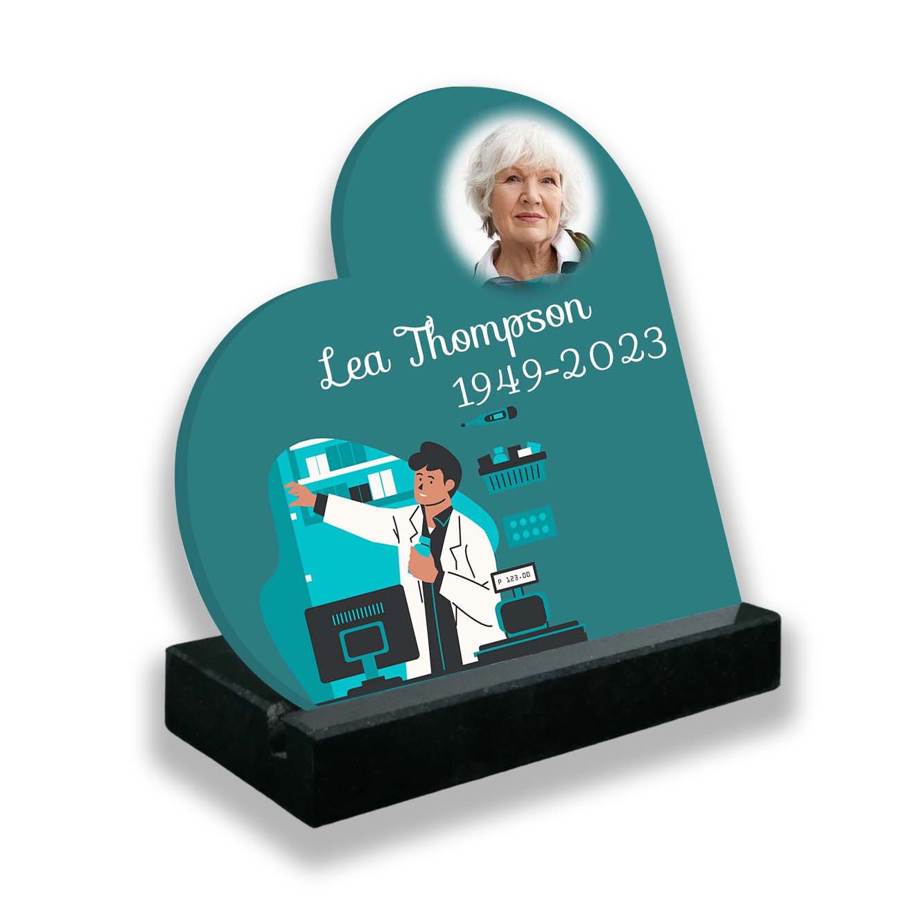 Plaque funéraire personnalisée thème Pharmacien socle en granit noirc avec texte et photo
