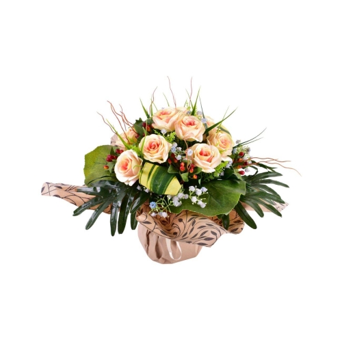 Bouquet de fleurs artificielles pour cimetière aux teintes saumon, rouge ou rose, idéal pour honorer une tombe avec une décoration raffinée et durable.