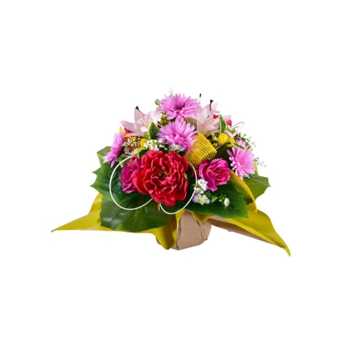 Bouquet de fleurs artificielles pour cimetière disponible en teintes fuchsia ou crème, orné de feuillage réaliste et fleurs élégantes, conçu pour embellir les tombes avec durabilité et style.