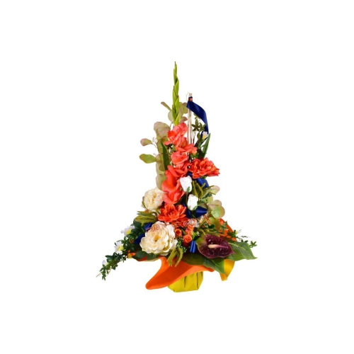 Magnifique bouquet de fleurs artificielles pour cimetière, disponible en teintes orange ou purple, conçu pour résister aux intempéries et embellir un lieu de mémoire. Dimensions : 87 x 61 x 33 cm.