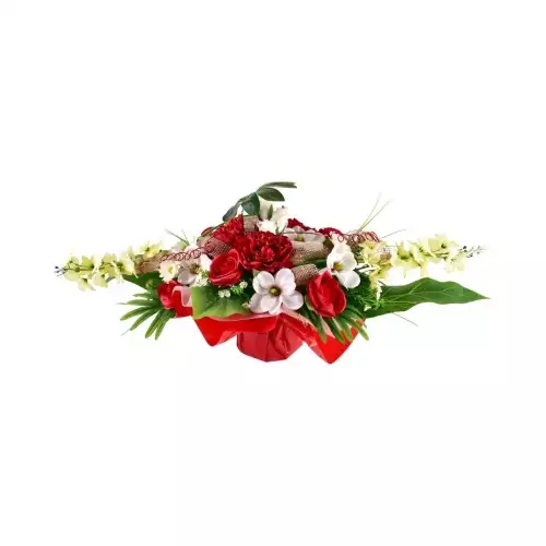 Magnifique bouquet de fleurs artificielles pour cimetière, disponible en rouge, rose et crème, avec des dimensions de 40 x 100 x 40 cm, parfait pour honorer les lieux de mémoire avec élégance et durabilité.