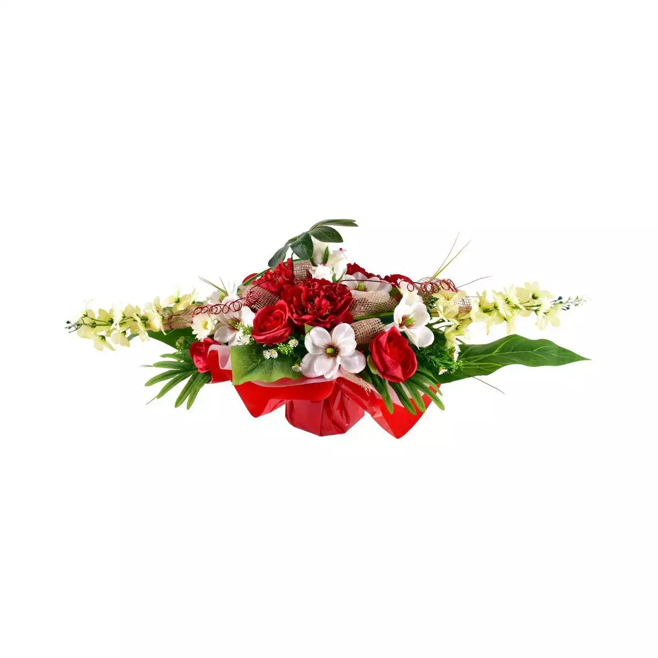 Magnifique bouquet de fleurs artificielles pour cimetière, disponible en rouge, rose et crème, avec des dimensions de 40 x 100 x 40 cm, parfait pour honorer les lieux de mémoire avec élégance et durabilité.