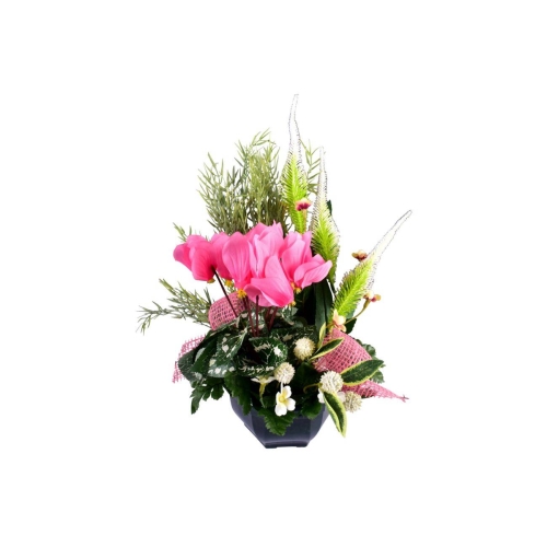 Coupe de fleurs artificielles élégante avec des fleurs roses, fuchsias et rouges, accompagnée de feuillages verts, idéale pour décorer une tombe ou un monument funéraire