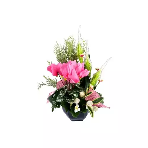 Coupe de fleurs artificielles élégante avec des fleurs roses, fuchsias et rouges, accompagnée de feuillages verts, idéale pour décorer une tombe ou un monument funéraire