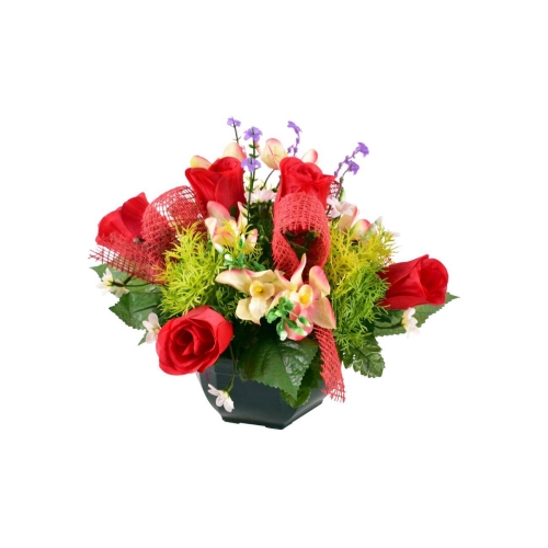 Composition florale funéraire avec des roses artificielles rouges, feuillage vert et touches de fleurs jaunes et violettes, ornée d'un élégant filet rouge. Parfaite pour un hommage durable et raffiné