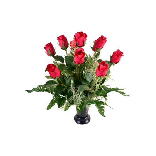 Arrangement funéraire en cône rouge, composé de roses, boutons et spengeri, disponible en 5 couleurs. Durable et résistant aux intempéries.