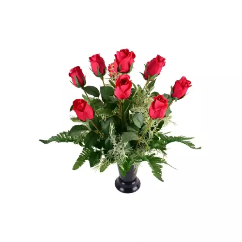 Arrangement funéraire en cône rouge, composé de roses, boutons et spengeri, disponible en 5 couleurs. Durable et résistant aux intempéries.