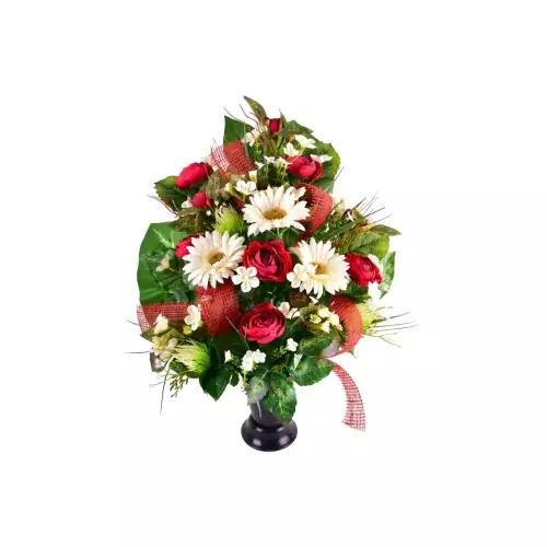 🌺 Arrangement funéraire en cône de fleurs artificielles rouge/crème, avec renoncules, gerberas et fleurettes. Durable, intemporel et résistant aux intempéries.