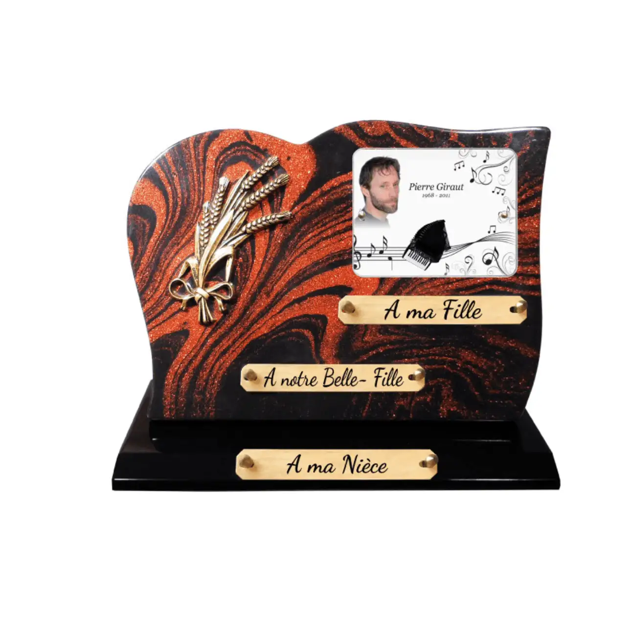 Plaque funéraire décorative pailletée avec motif épis de blé
