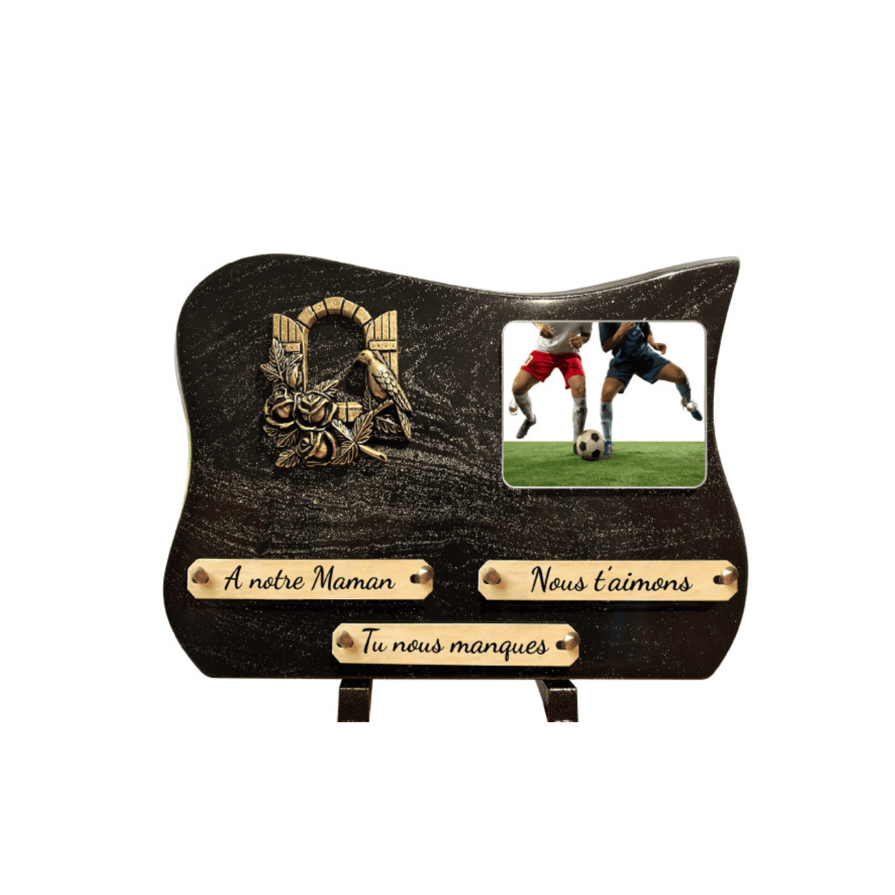 Plaque funéraire pailletée avec motif floral, oiseau en bronze