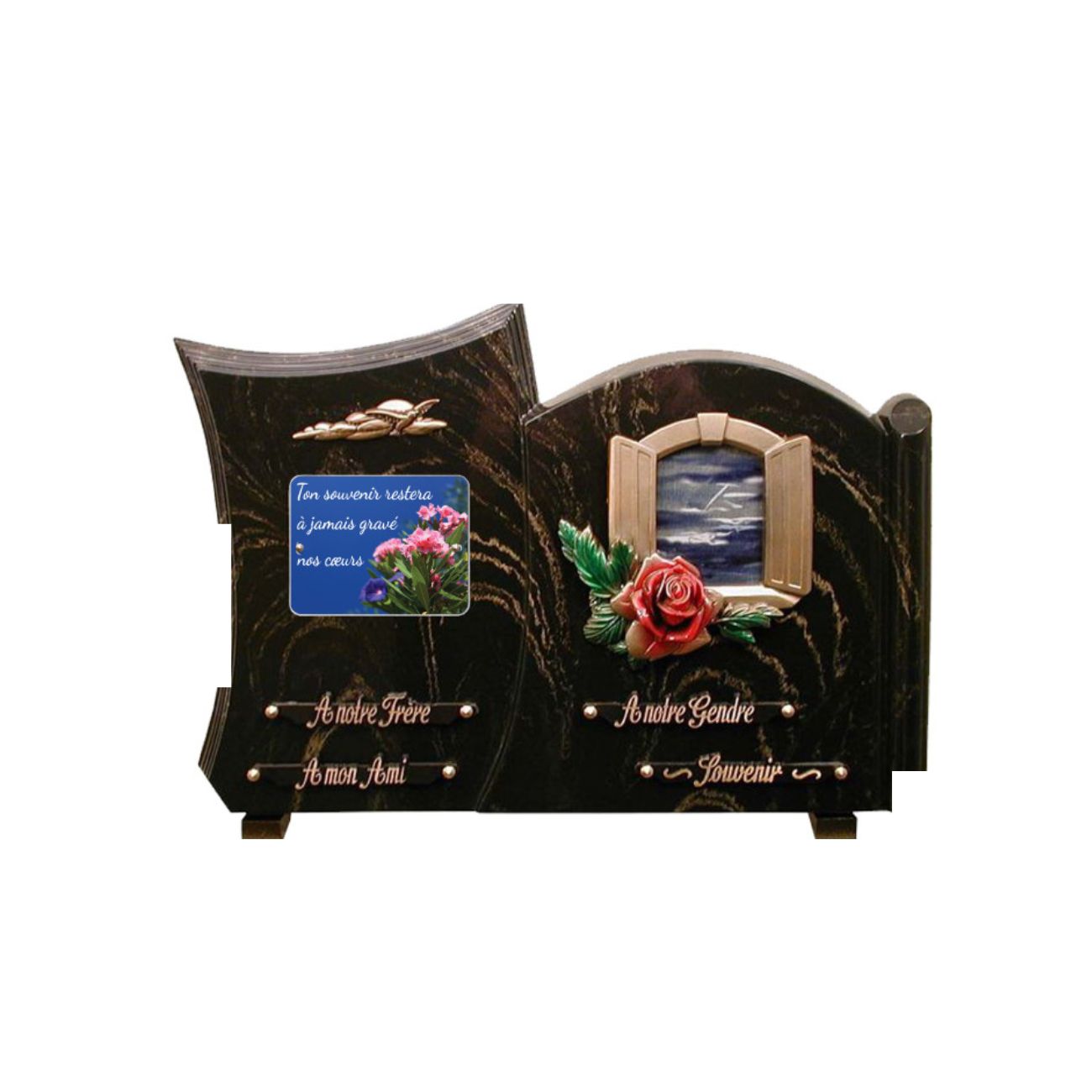 Plaque funéraire pailletée avec motif floraux et encadrement fenêtre