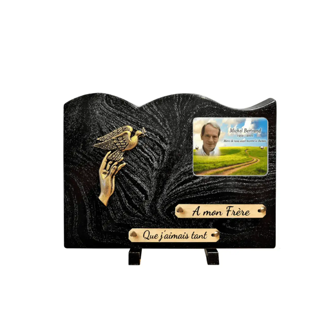 Plaque funéraire pailletée main et colombe personnalisable (2)
