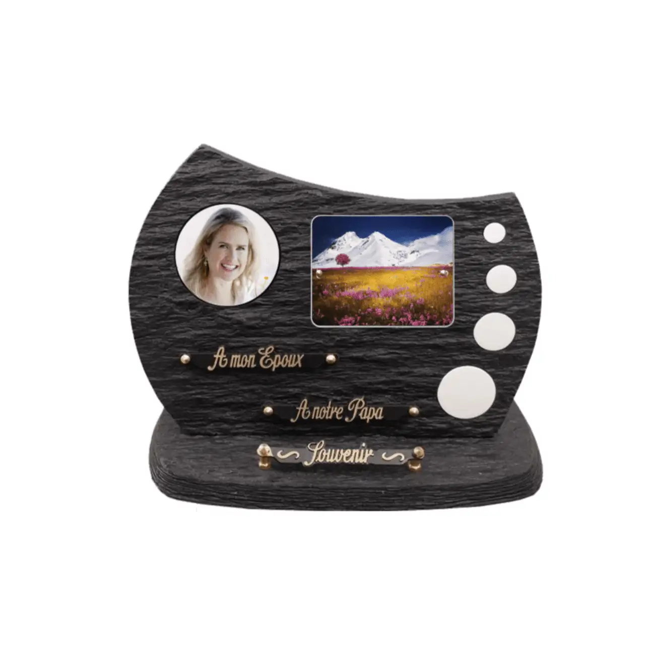Plaque funéraire rectangulaire en ardoise avec photo et inscriptions