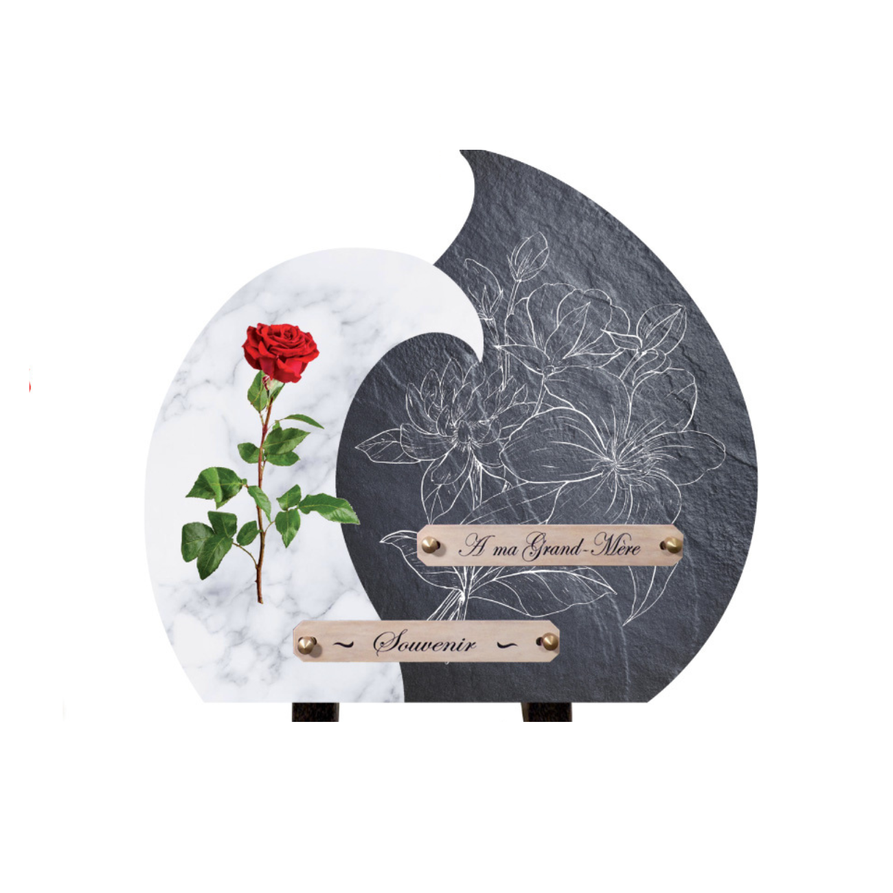Plaque funéraire décorative rose sur marbre et ardoise