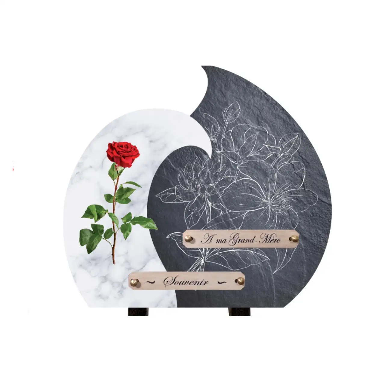 Plaque funéraire décorative rose sur marbre et ardoise